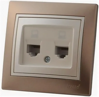 Фотография товара 'Lezard 702-3130-138 DERIY Розетка телефонная двойная евро св.-коричн. и жемч.-белая металлик'