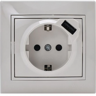 Фотография товара 'Lezard 701-3030-181 MIRA Розетка с/з + USB разъём жемчужно-белый перламутр со вставкой'