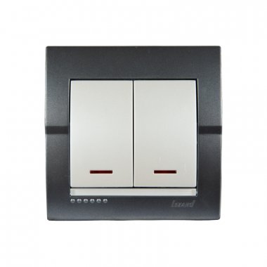 Фотография товара 'Lezard 702-2930-112 DERIY Выключатель двойной с подсветкой темно-серый и жемчужно-белый металлик'