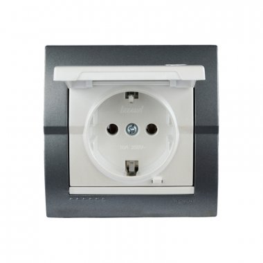 Фотография товара 'Lezard 702-2930-123B DERIY Розетка с/з с крышкой темно-серая и жемчужно-белая металлик'