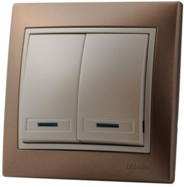 Фотография товара 'Lezard 702-3130-112 DERIY Выключатель двойной с подсветкой светло-коричневый и жемчужно-белый'