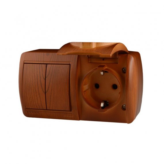 Фотография товара 'Lezard NATA Выключатель 2-х клавишный и розетка с заземлением, с крышкой, 710-0800-171'