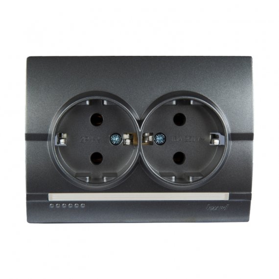 Фотография товара 'Lezard 702-2930-127DERIY Розетка двойная с/з керамика темно-серая и жемчужно-белая металлик'