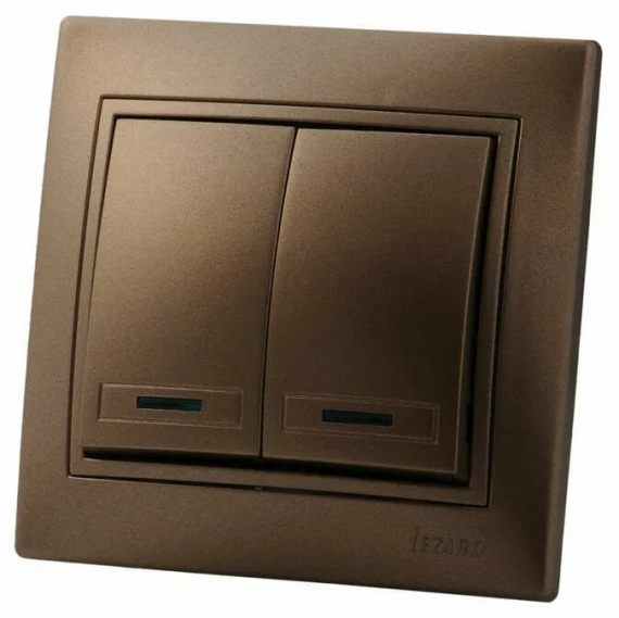 Фотография товара 'Lezard 702-3230-112 DERIY Выключатель двойной с подсветкой коричневый и жемчужно-белый металлик'