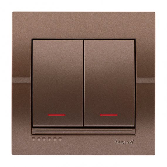 Фотография товара 'Lezard 702-3131-112 DERIY Выключатель двойной с подсветкой св.-коричневый металлик'