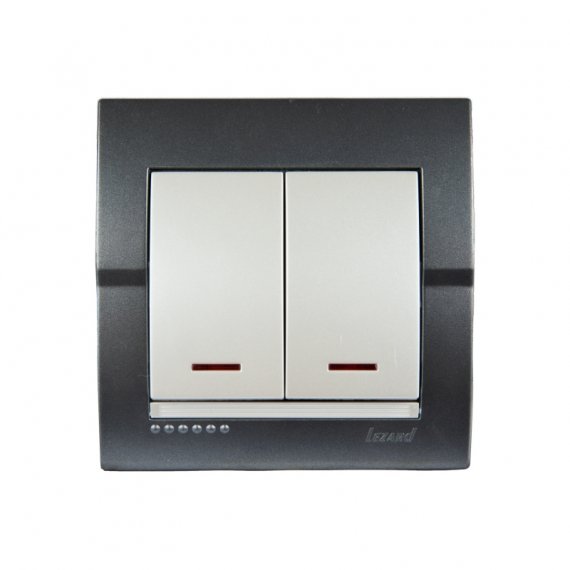 Фотография товара 'Lezard 702-2930-112 DERIY Выключатель двойной с подсветкой темно-серый и жемчужно-белый металлик'