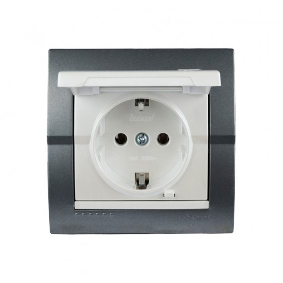 Фотография товара 'Lezard 702-2930-123B DERIY Розетка с/з с крышкой темно-серая и жемчужно-белая металлик'