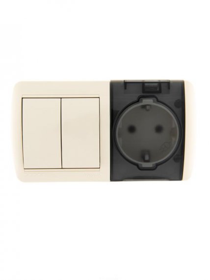 Фотография товара 'Lezard NATA Выключатель 2-х клавишный и розетка с заземлением, с крышкой, 710-0300-171'