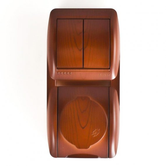 Фотография товара 'Lezard NATA Выключатель 2-х клавишный и розетка с заземлением, с крышкой, 710-0600-173'